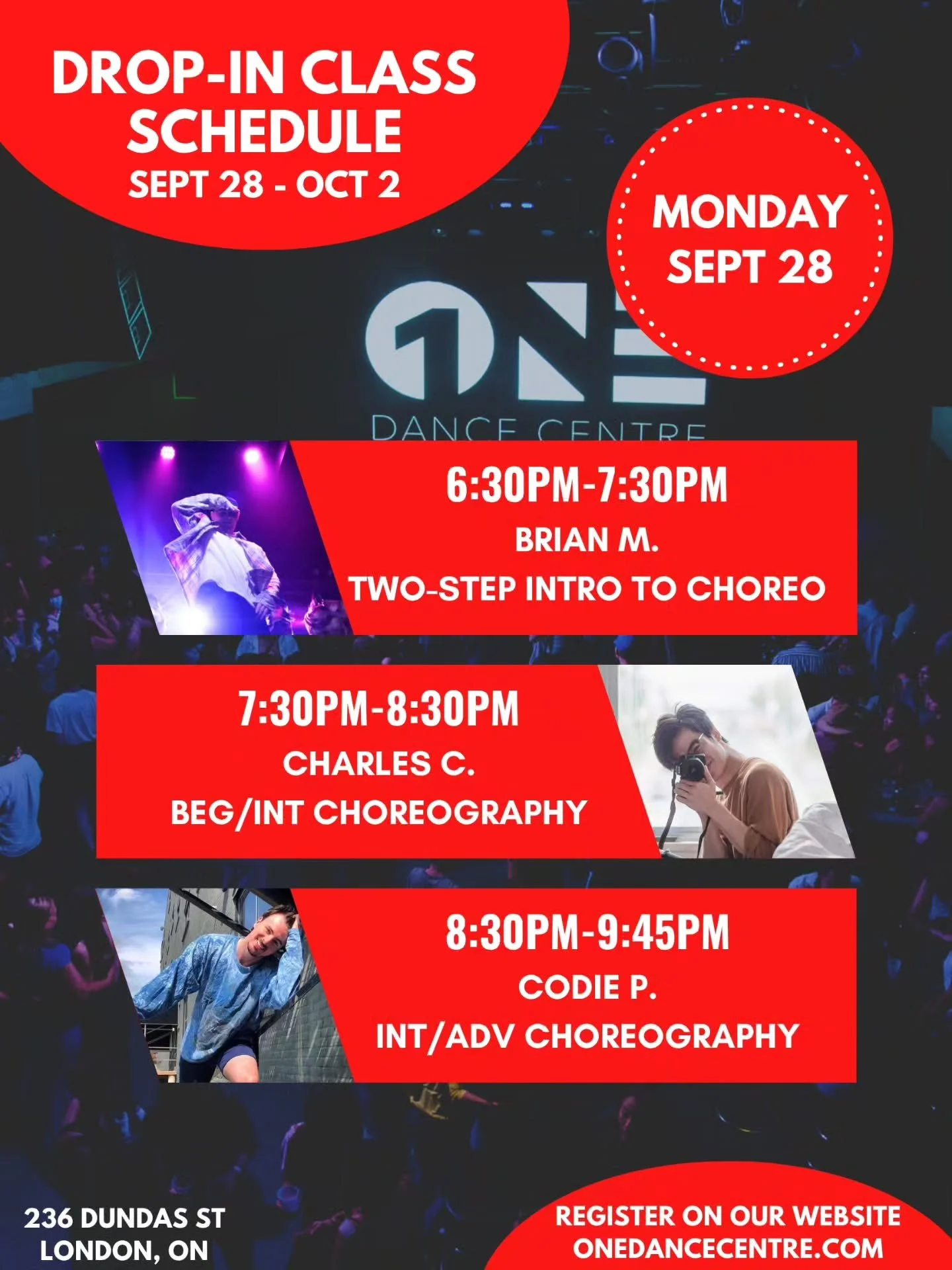 DROP-IN CLASS SCHEDULE FOR SEPTEMBER 28 - OCTOBER 2 📅 

Come try your first class and your next one will be on us! 😊

Check out our website for our full monthly schedule and register to reserve your spot. Indoor shoes are mandatory 👟 

See you in 