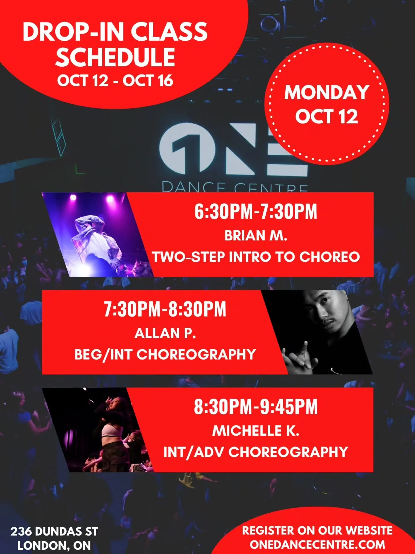 DROP-IN CLASS SCHEDULE FOR OCTOBER 12 - OCTOBER 16 📅 

Come try your first class and your next one will be on us! 😊

Check out our website for our full monthly schedule and register to reserve your spot. Indoor shoes are mandatory 👟 

See you in c