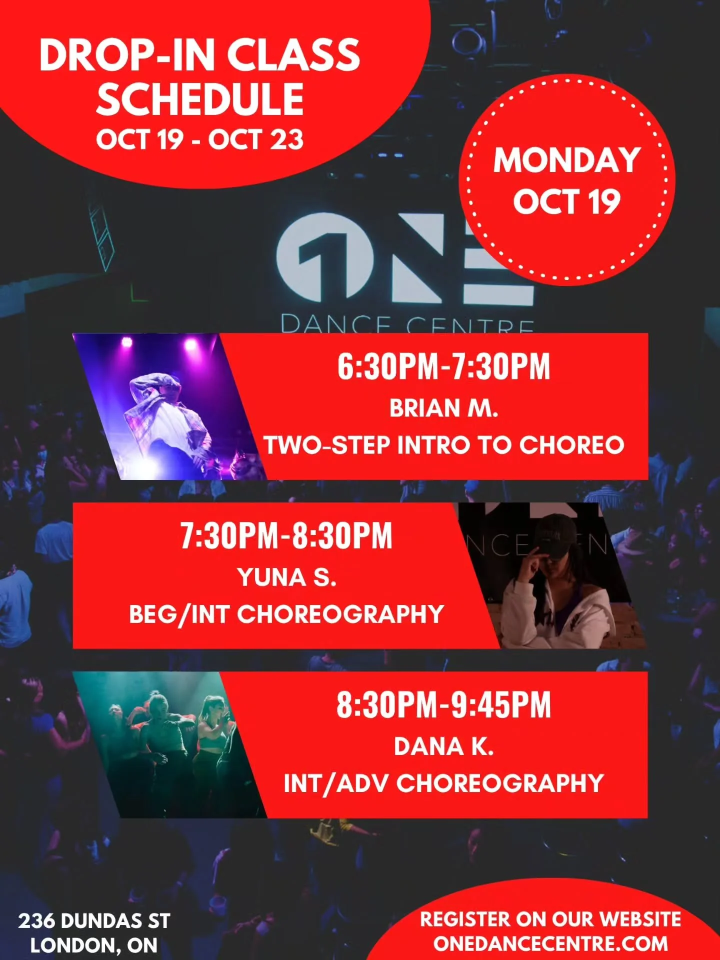 DROP-IN CLASS SCHEDULE FOR OCTOBER 19 - OCTOBER 23 📅 

Come try your first class and your next one will be on us! 😊

Check out our website for our full monthly schedule and register to reserve your spot. Indoor shoes are mandatory 👟 

See you in c