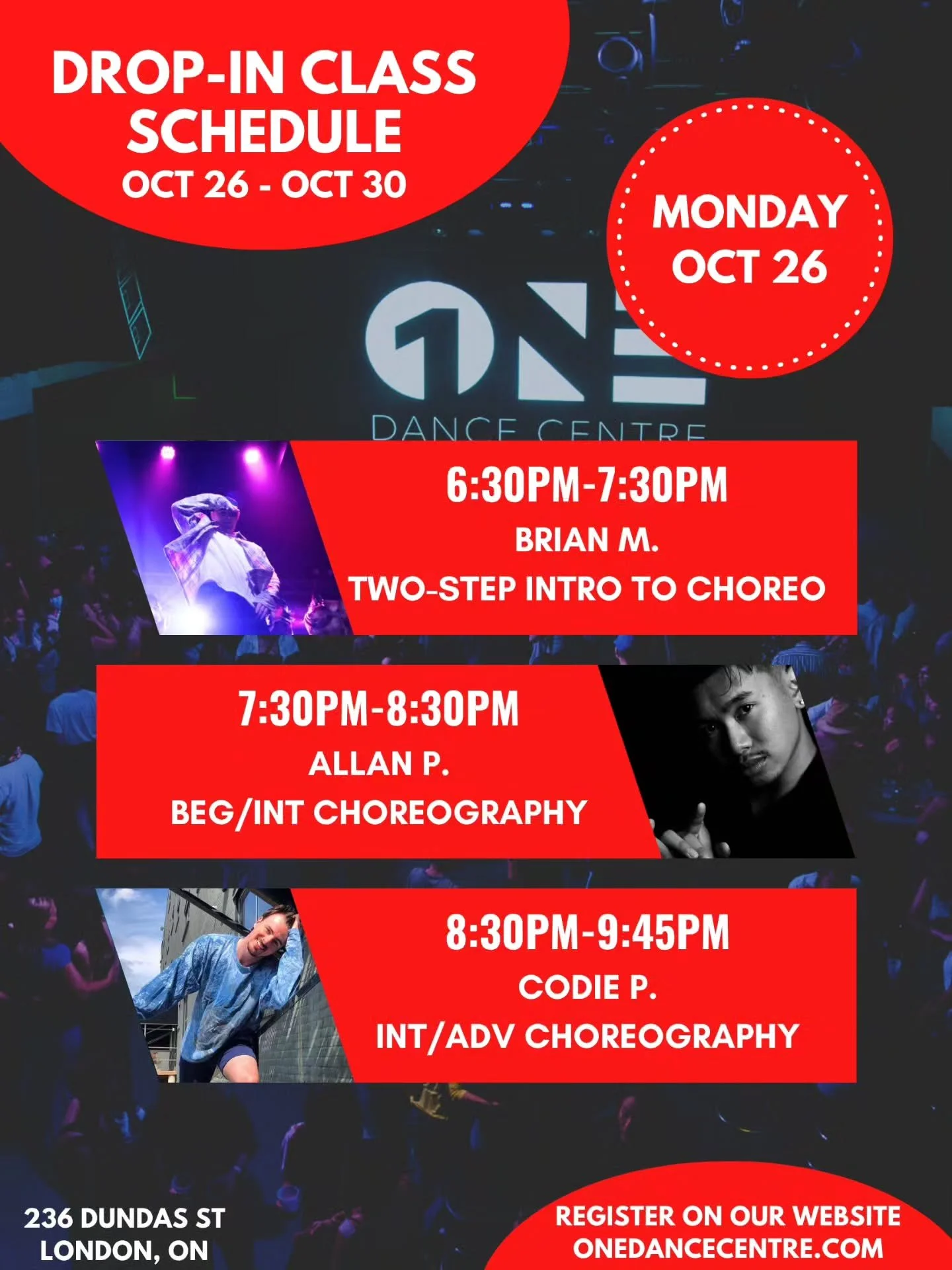 DROP-IN CLASS SCHEDULE FOR OCTOBER 26 - OCTOBER 30 📅 

Come try your first class and your next one will be on us! 😊 

Check out our website for our full monthly schedule and register to reserve your spot. Indoor shoes are mandatory 👟 

See you in 