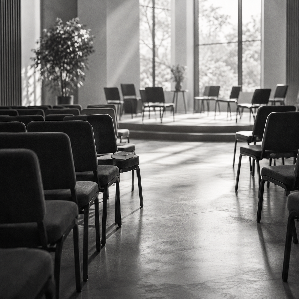 Black-and-white view of chairs opening toward a light-filled shared gathering space.