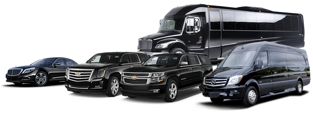 A lineup of luxury and passenger vehicles including a Mercedes-Benz sedan, two Cadillac SUVs, a Chevrolet SUV, a black Mercedes-Benz van, and a black shuttle bus.