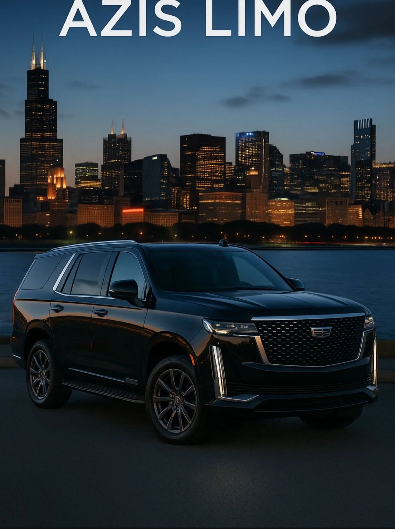 A black luxury SUV parked by a body of water with a city skyline lit up at dusk in the background and text overlay that reads 'AZIS LIMO'.