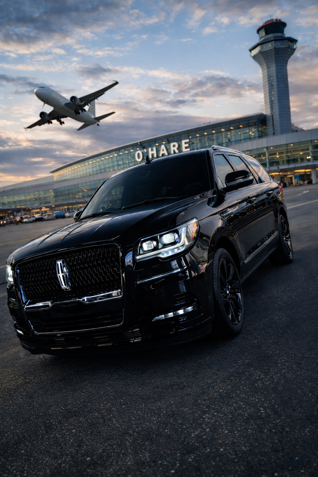 Black luxury SUV parked outside O'Hare Airport with a plane flying overhead during sunset.