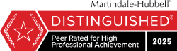Close-up of a red badge with the word 'DISTINGUISHED' and a gold star, indicating peer recognition for professional achievement in 2025.