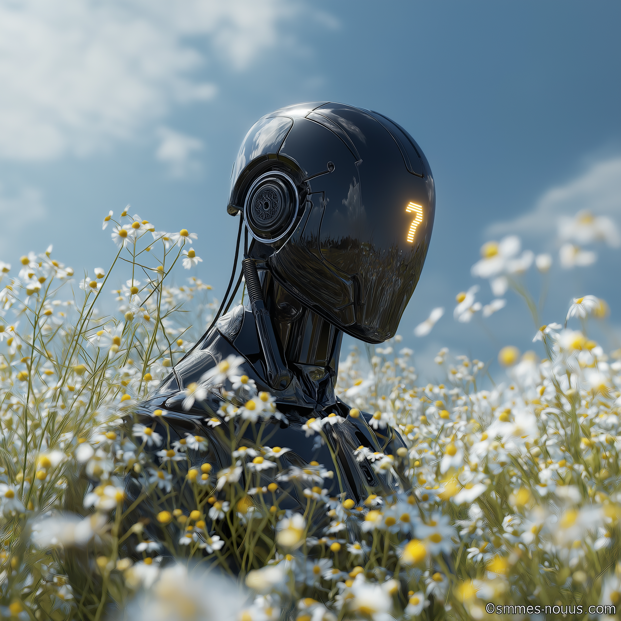 Un robot humanoïde noir avec un casque brillant, un écran lumineux affichant un point d'interrogation, se tient dans un champ de fleurs blanches et jaunes sous un ciel partiellement nuageux.