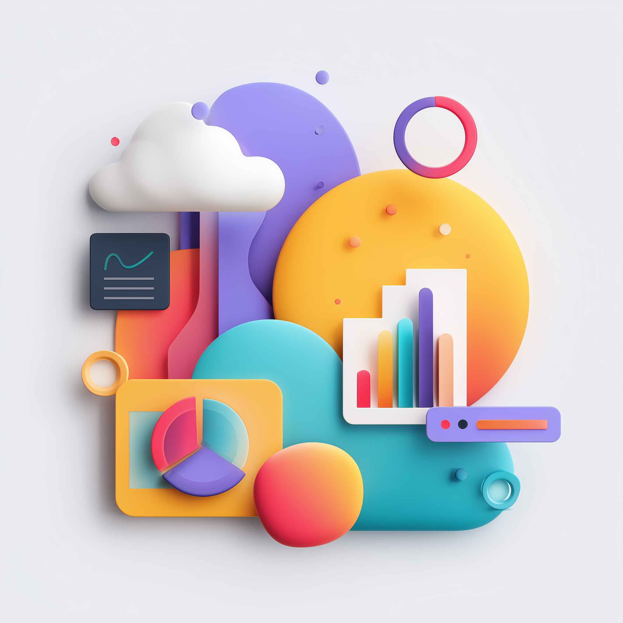 Illustration abstraite de graphiques et de données de différentes formes et couleurs.