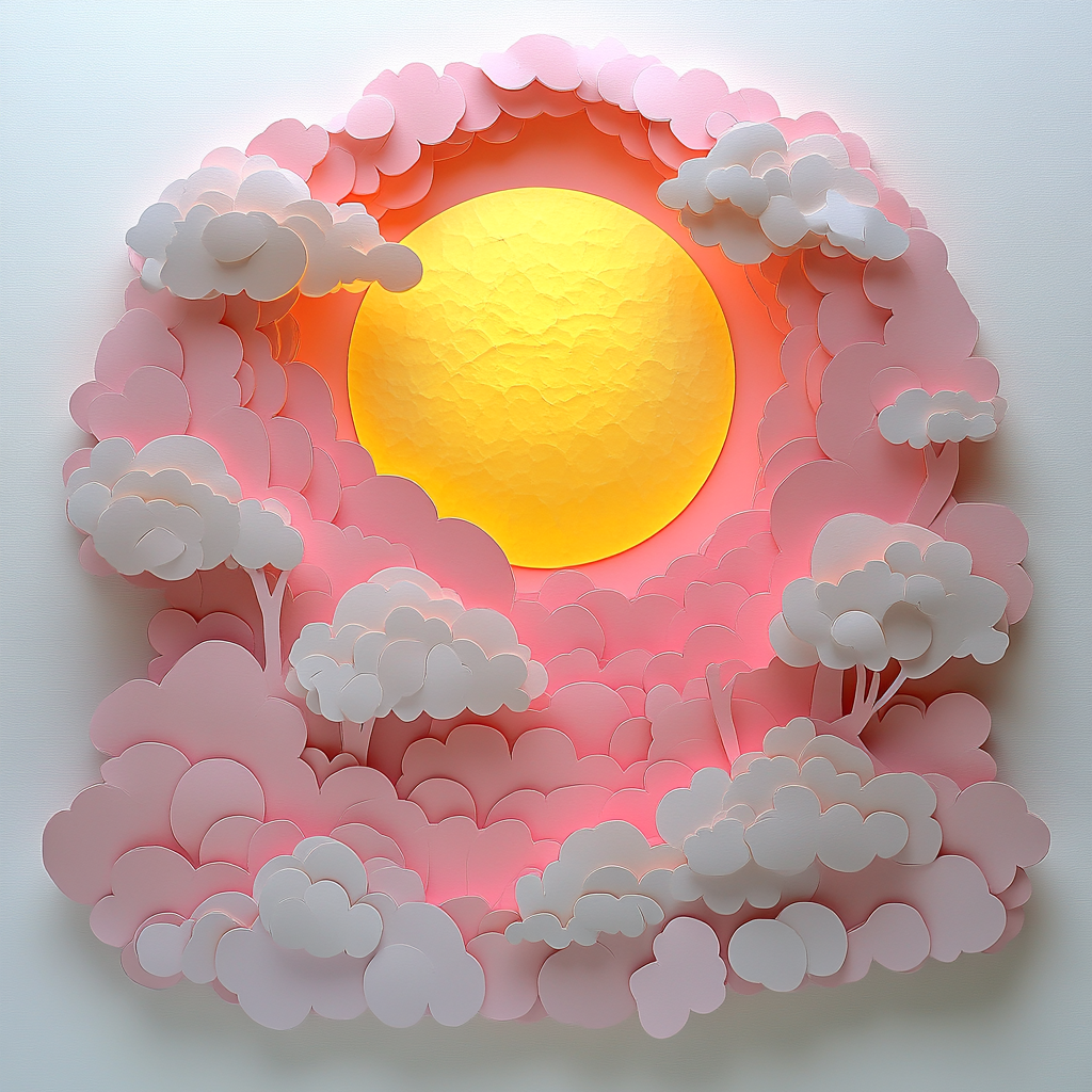 Une création d'art en papier représentant un grand soleil jaune au centre, entouré de nuages blancs et roses dans un ciel pastel.