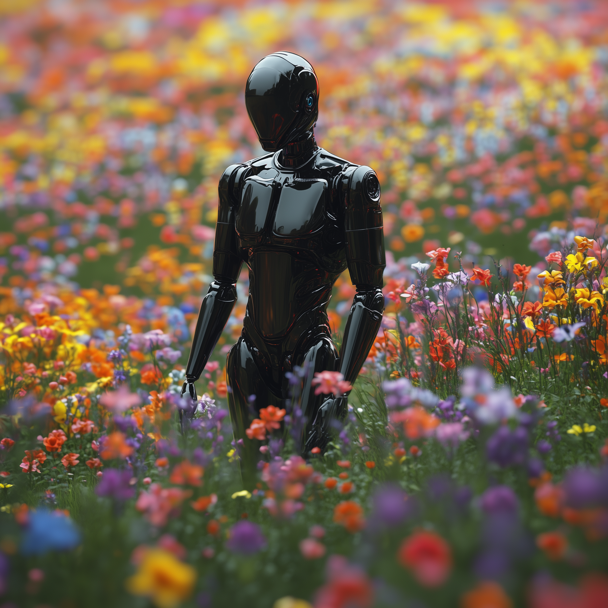 Un robot humanoïde noir en plastique dans un champ de fleurs colorées.