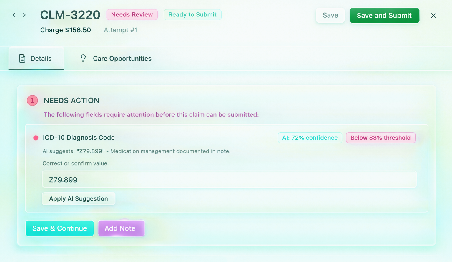 Electronic medical record screen showing patient information, with a section labeled 'NEEDS ACTION' and a suggested ICD-10 diagnosis code Z79.899, with options to apply AI suggestions and submit.