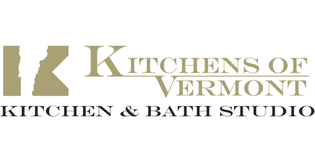 Logo for Kitchens of Vermont Kitchen & Bath Studio featuring a stylized letter 'K' and text in beige and black.