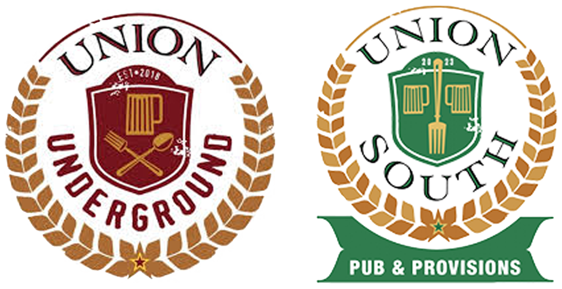 Logos of Union Underground and Union South with their names, establish dates, and icons of cutlery and shields, connected by a blue line, beneath a green banner that reads "Pub & Provisions."