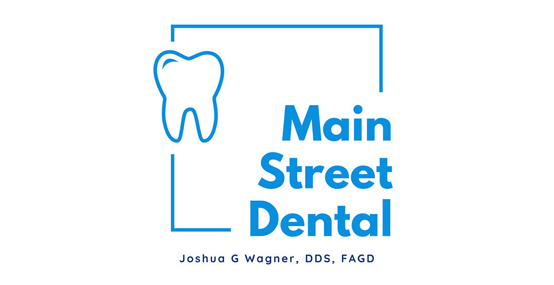 Logo for Main Street Dental with a tooth icon and the dentist's name, Joshua G Wagner, DDS, FAGD.