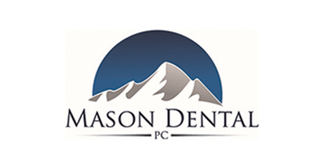 Logo for Mason Dental PC featuring a mountain range and a circular blue background
