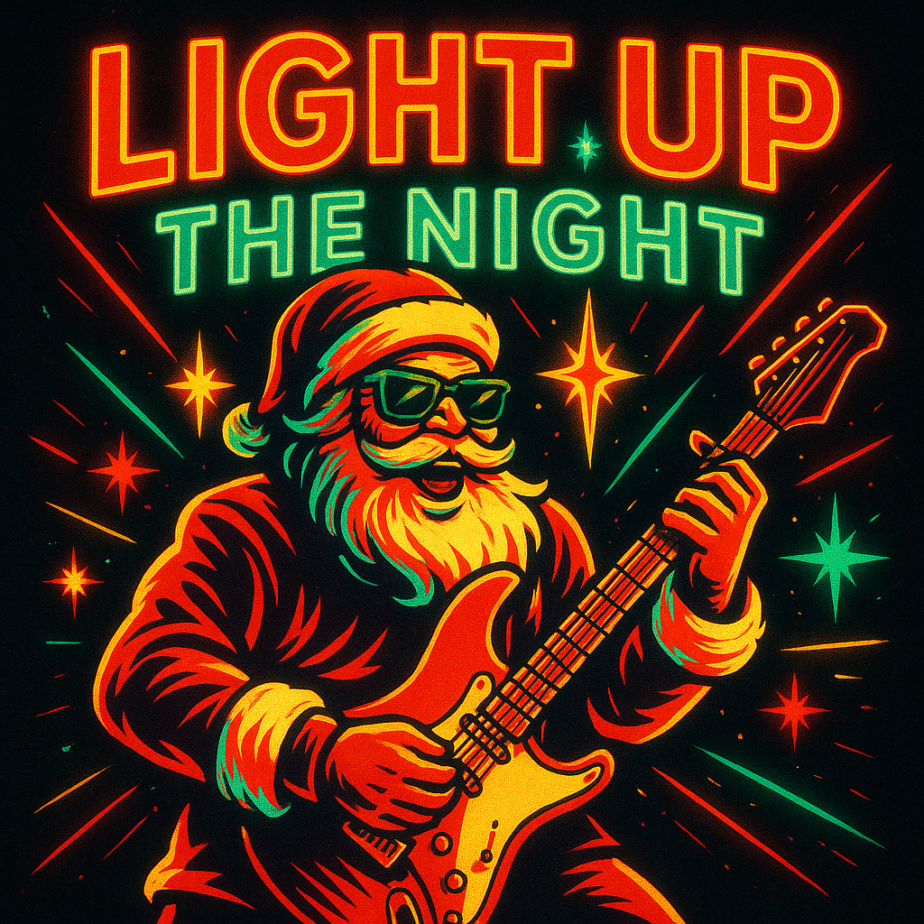 A neon sign featuring Santa Claus with a guitar, sunglasses, and a hat, surrounded by colorful stars and the words 'Light Up The Night' in bright neon lights.