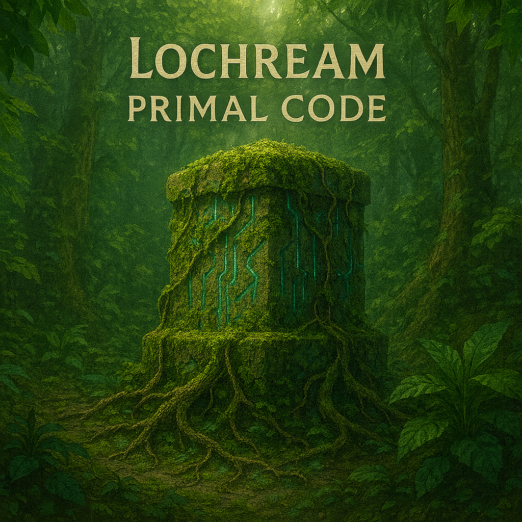 Enchanted forest scene with a moss-covered stone pillar emitting glowing blue lines, surrounded by dense green foliage, with the words 'Lochream Primal Code' at the top.