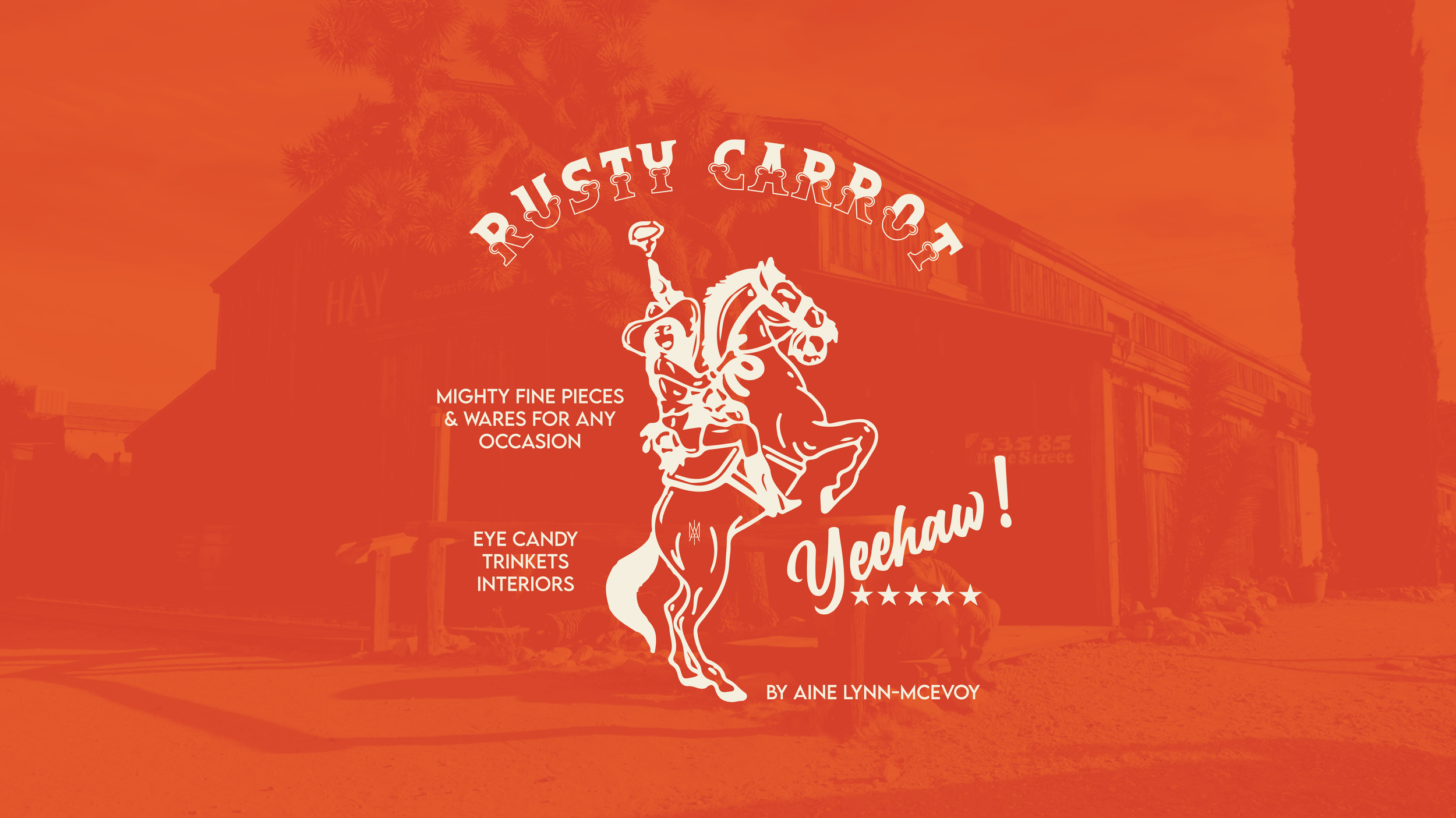 A vintage-style poster for Ru Carrot features a white outline of a woman riding a rearing horse, dressed as a cowboy, holding a whip. The background shows a building with trees, and the poster has text advertising fine pieces, wares, candies, trinkets, and interiors, with a playful and nostalgic design and the word 'Yeehaw!'