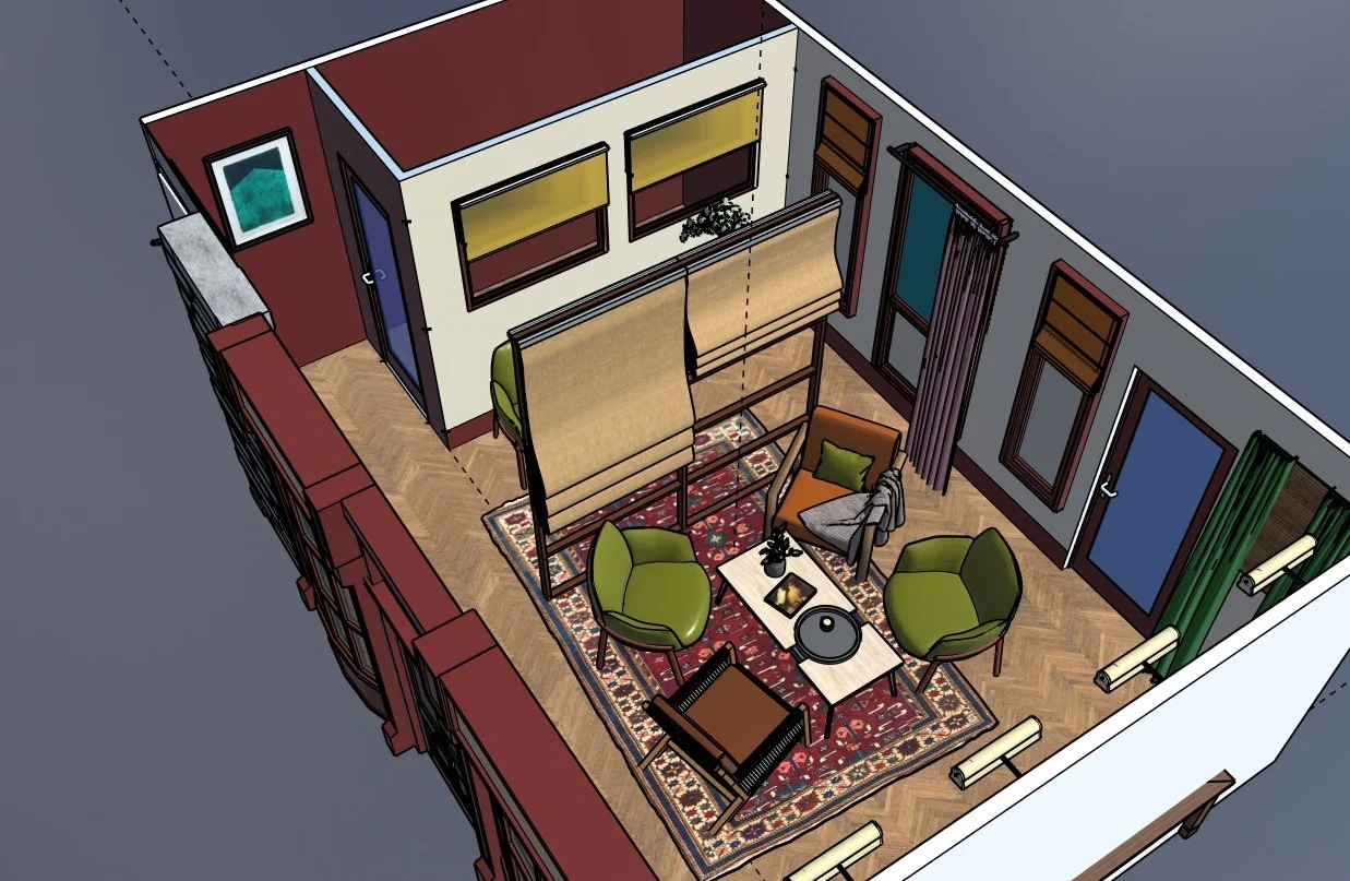 A cozy living room with four green armchairs arranged around a small white coffee table, placed on a patterned rug. There is a brown sofa, a black keyboard, and a black round object on the coffee table. The room has dark-wood-paneled walls with large windows, some covered with curtains, and a ceiling divider with a screen. The floors are hardwood, and there are colorful curtains on the windows.