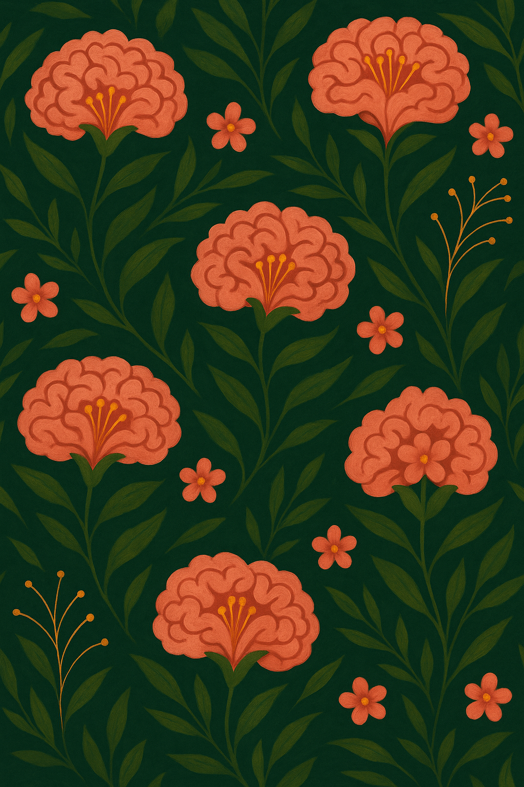 Pattern of pink flowers and green leaves on a dark green background.