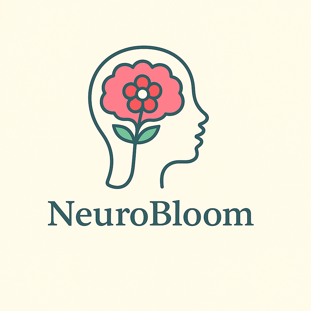 A logo featuring a human head outline with a flower inside the brain area, and the text "NeuroBloom" below.