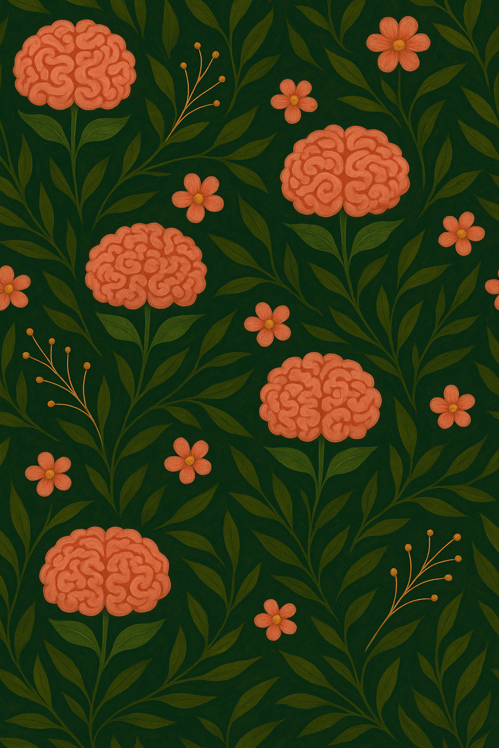 Pattern of large pink brain-shaped flowers and smaller pink flowers with green leaves on a dark green background.