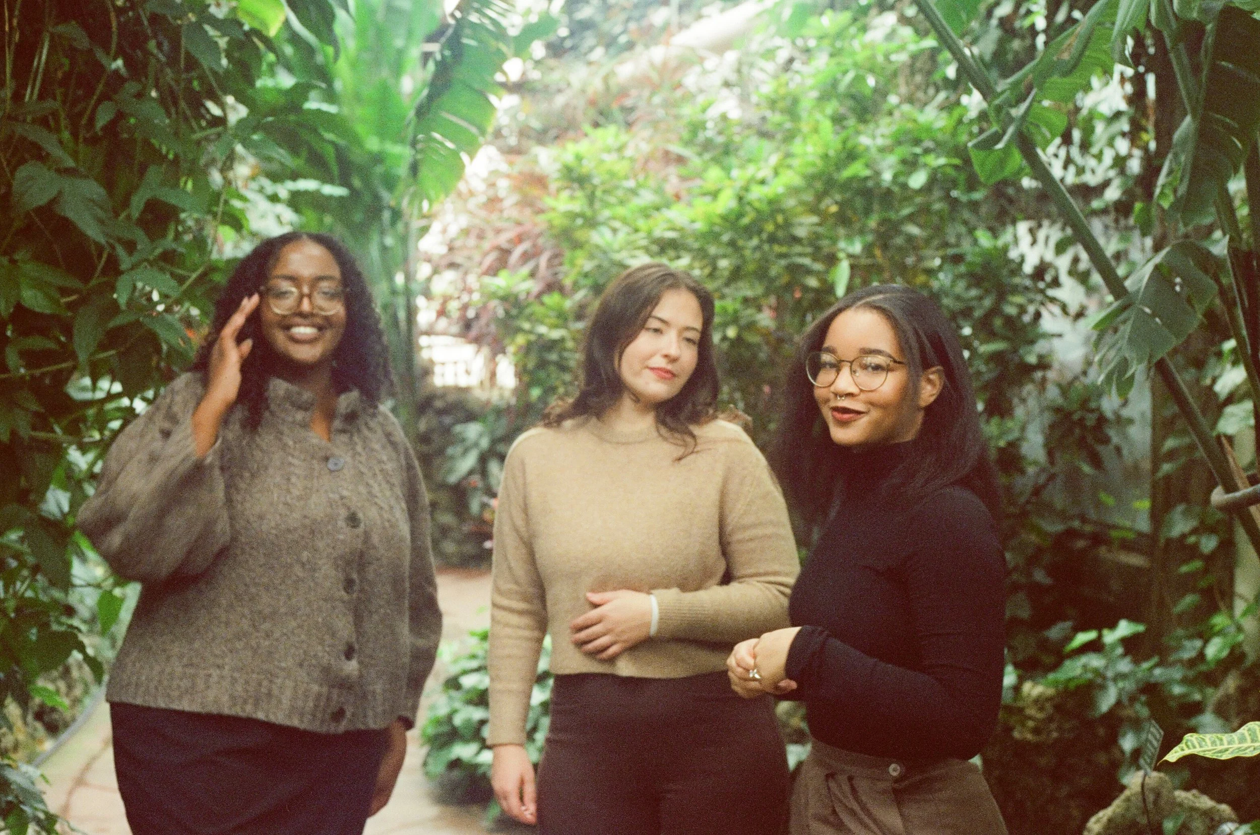Three women standing in a greenhouse with green foliage around them.