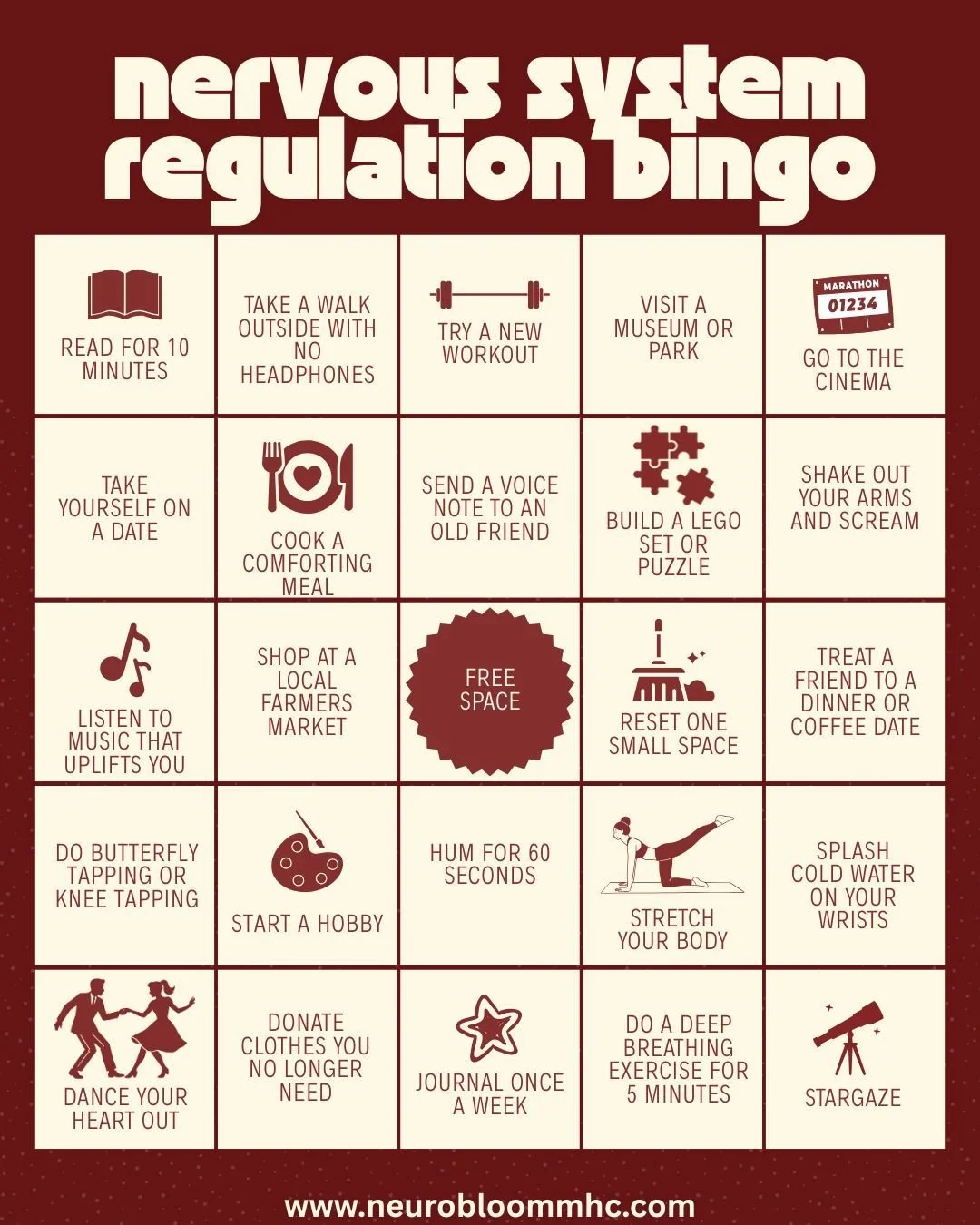 This past weekend, we shared these Nervous System Regulation Bingo Cards as part of an interactive workshop on nervous system reset 101. 

Rather than approaching regulation as something abstract or clinical, we focus on tools people can actually use
