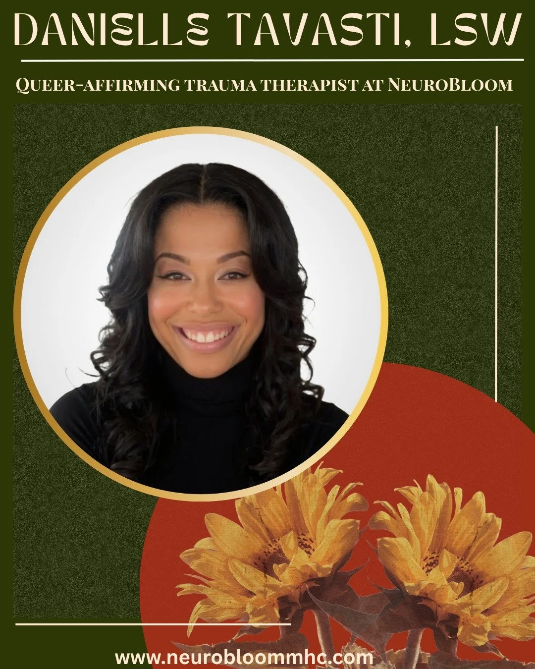 We are so glad Danielle Tavasti, LSW is part of the NeuroBloom team ✨

Danielle works with adults navigating trauma, identity shifts, family conflict, and relationship harm. Her style is relational, culturally responsive, and nervous-system informed.