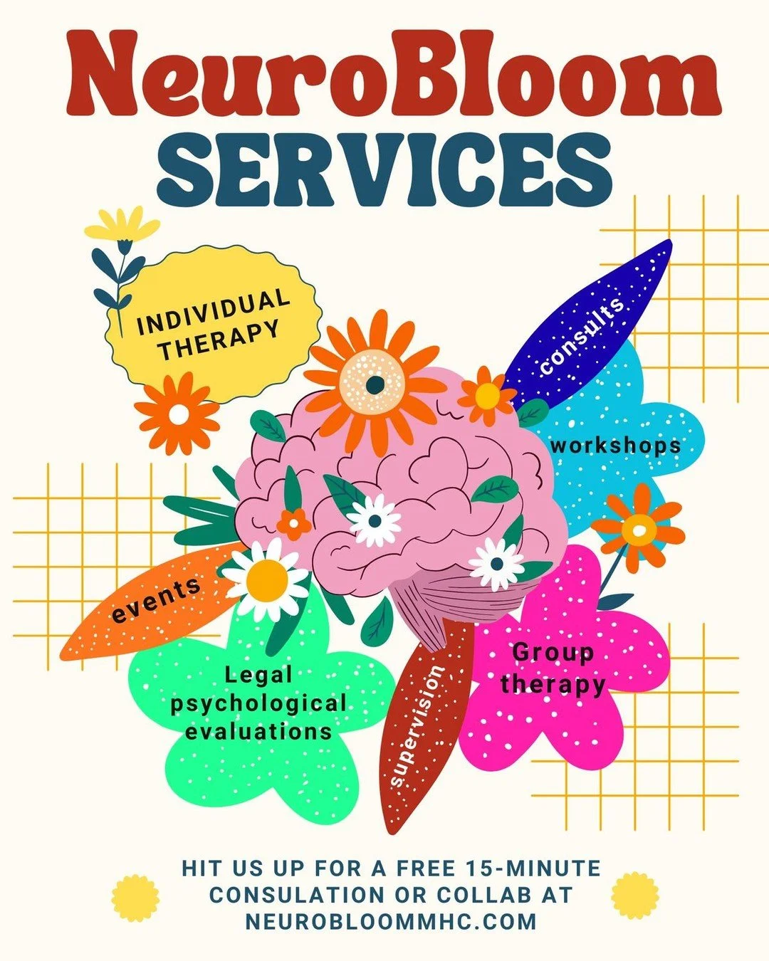 What does NeuroBloom offer?

Individual therapy, yes.

But we are not a one-trick pony hontey!

At NeuroBloom, we believe mental health care can happen in a therapy room, a group space, a workshop, a community event, a consultation, or through a psyc