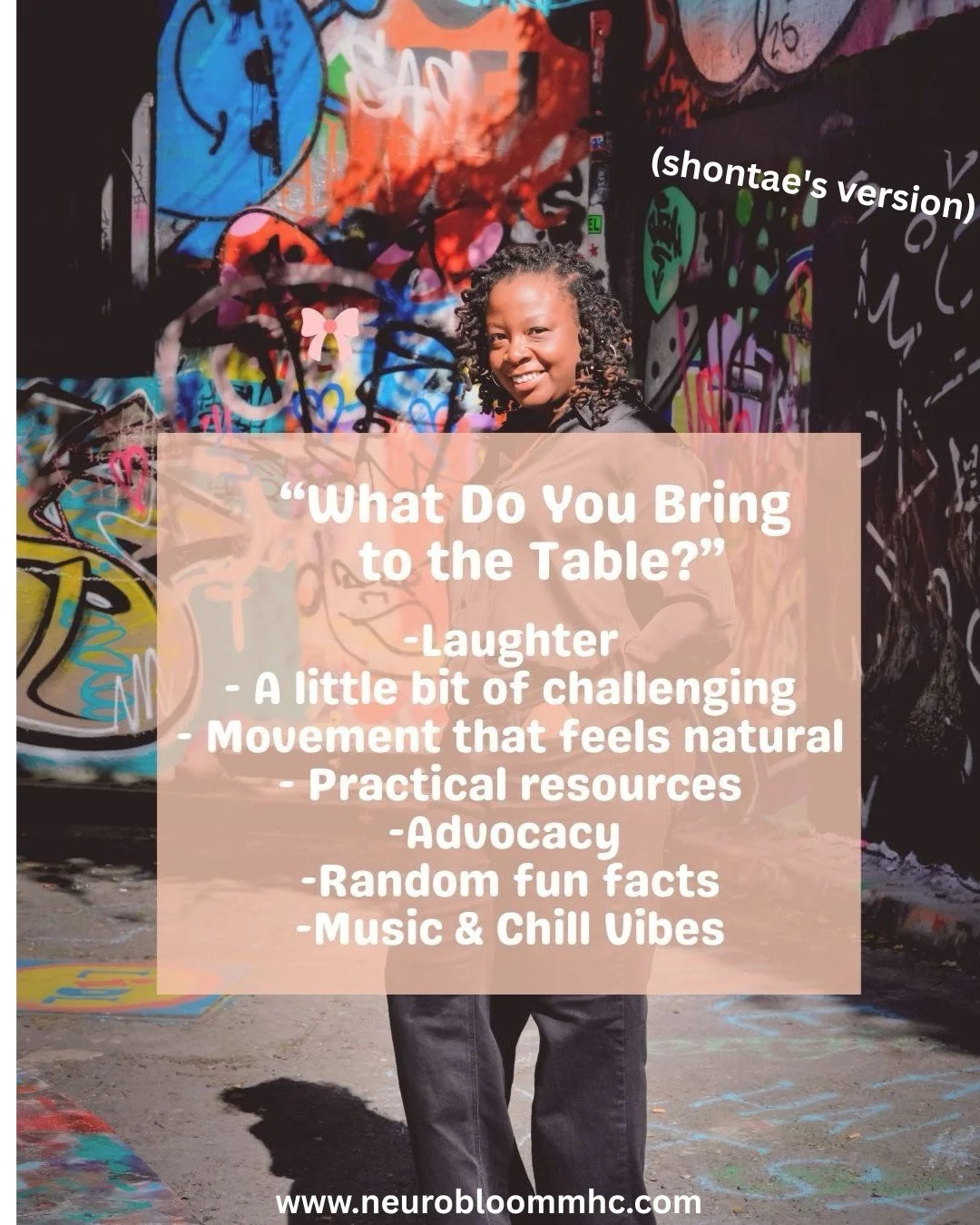 Please join us in welcoming Shontae Walker, LSW, to NeuroBloom Mental Health Collective 🌺

Shontae is a licensed social worker and dance/movement therapist whose work centers on embodiment, creativity, and authenticity. She brings a background in so