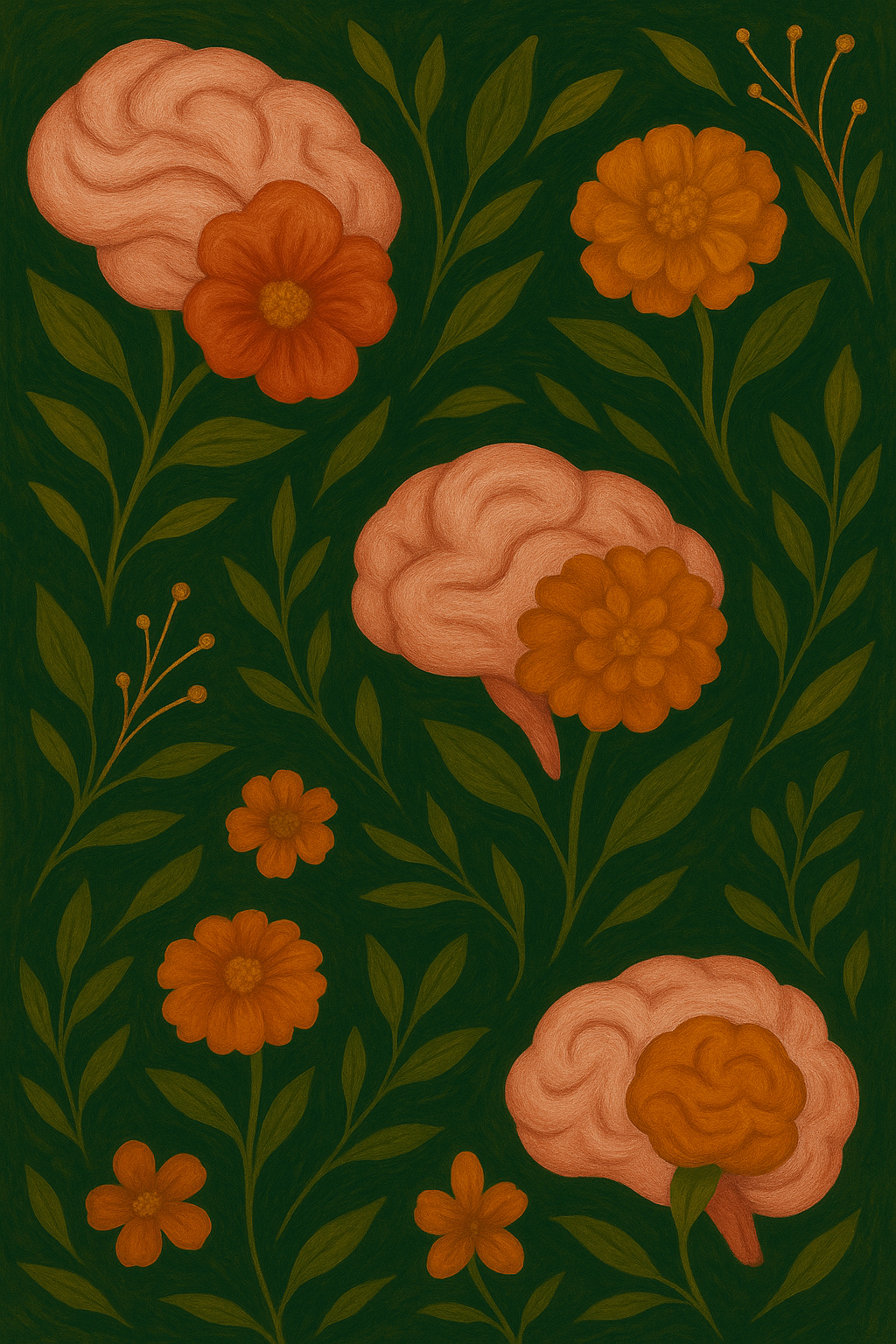 Painting of orange and pink flowers with green leaves on a dark green background.