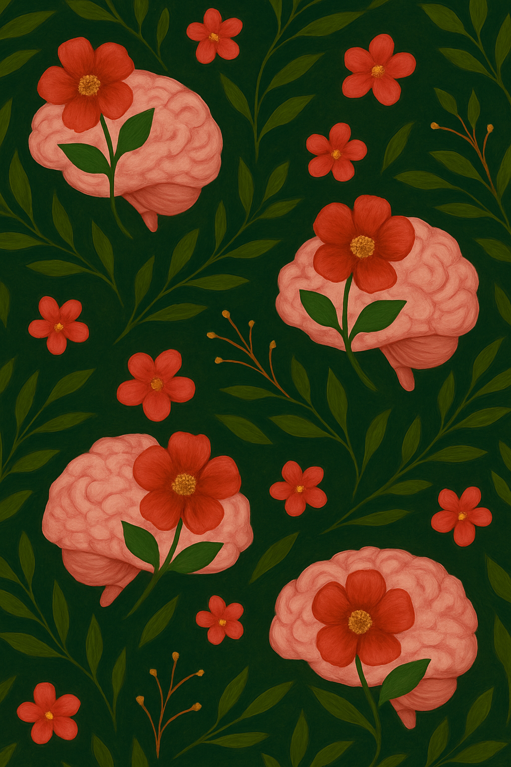 Pattern featuring pink brains with red flowers on top, surrounded by green leaves on a dark green background.