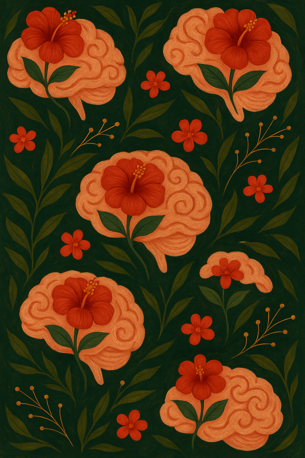Pattern of stylized orange brains with red hibiscus flowers and small red flowers, green leaves, and yellow accents on a dark green background.