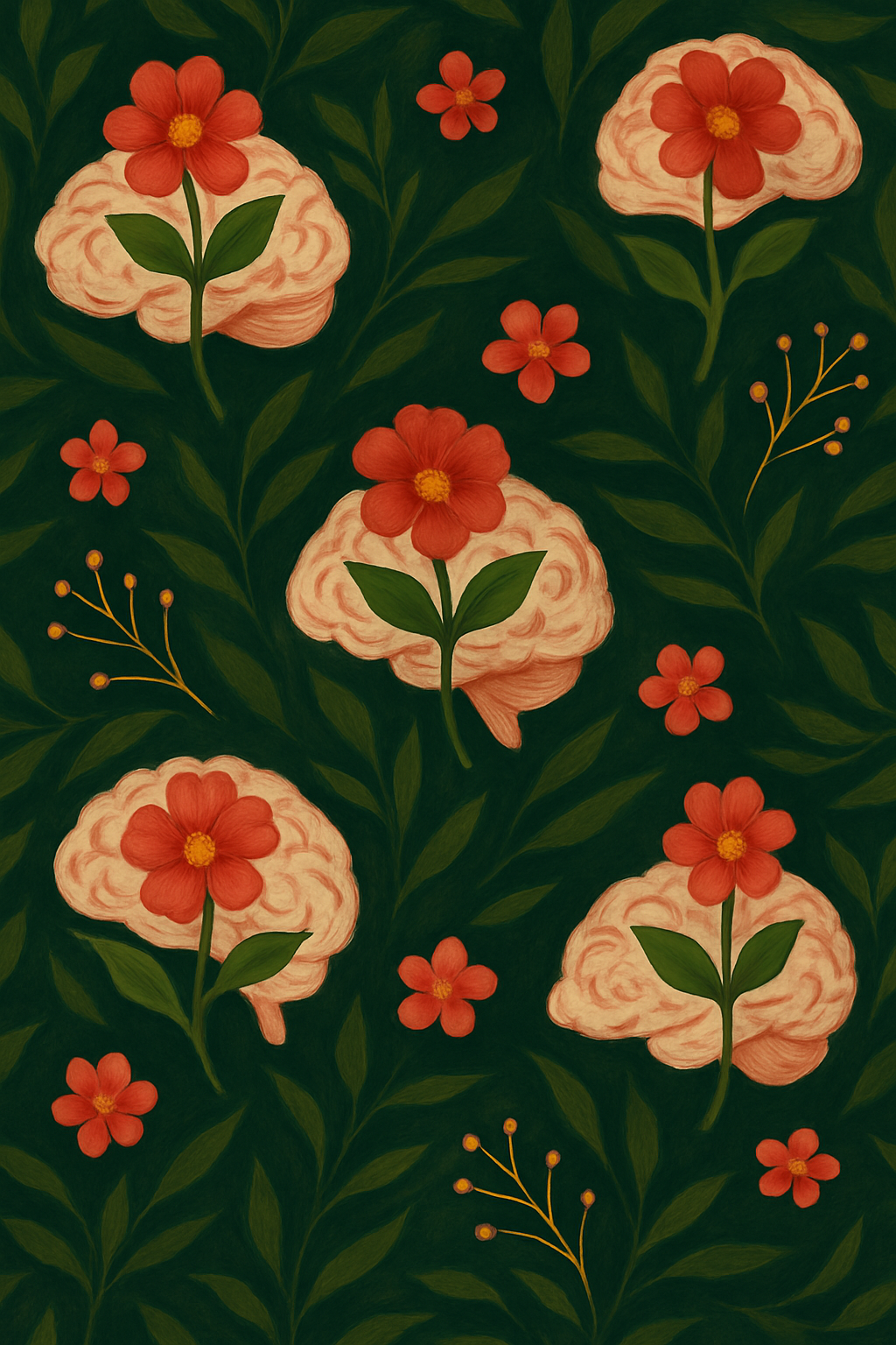 Pattern of pink brain illustrations with red flowers and green leaves on a dark green background.