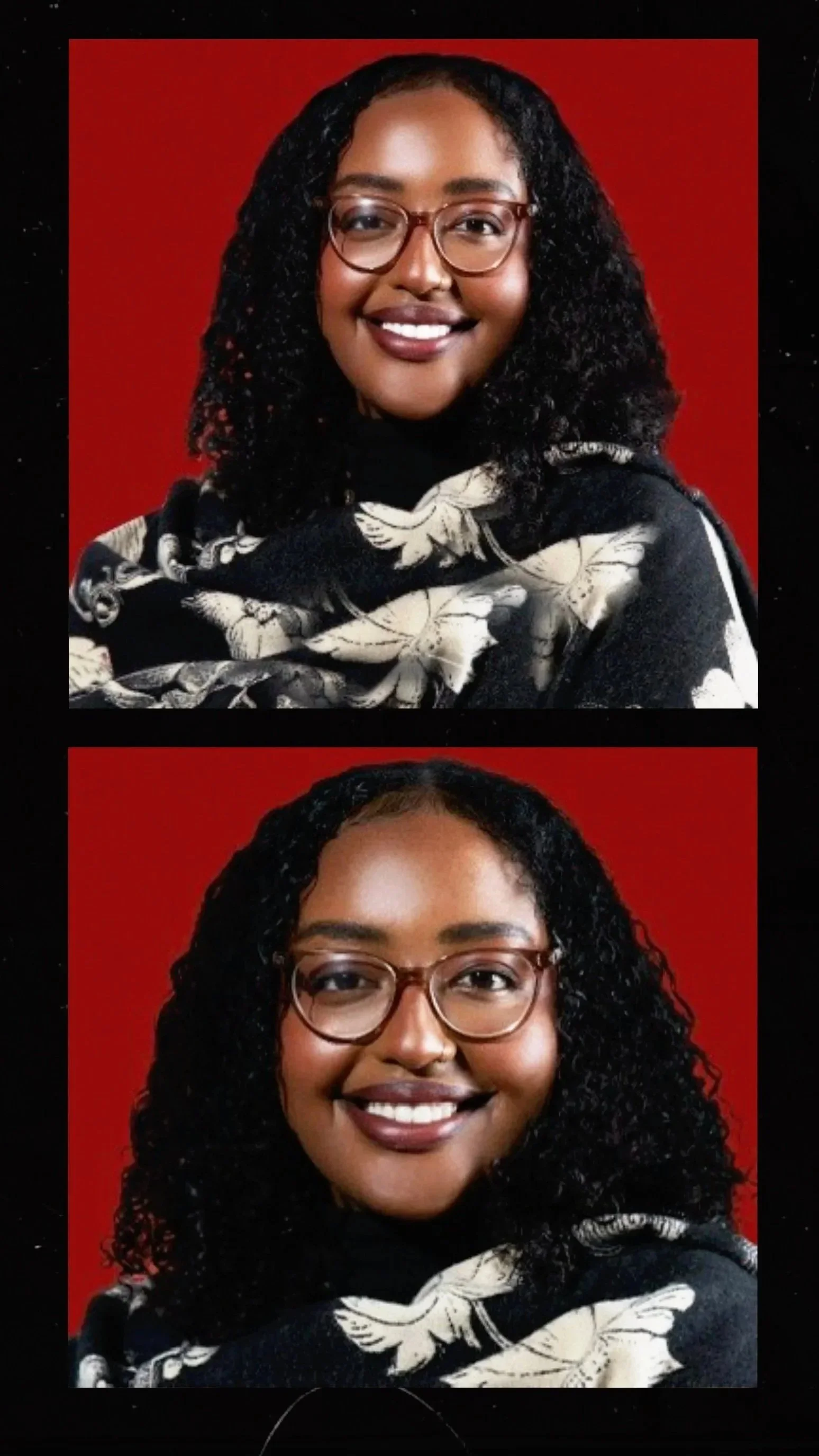 Two portrait photographs of a smiling black woman with curly hair, wearing glasses and a black and white floral scarf, against a red background.