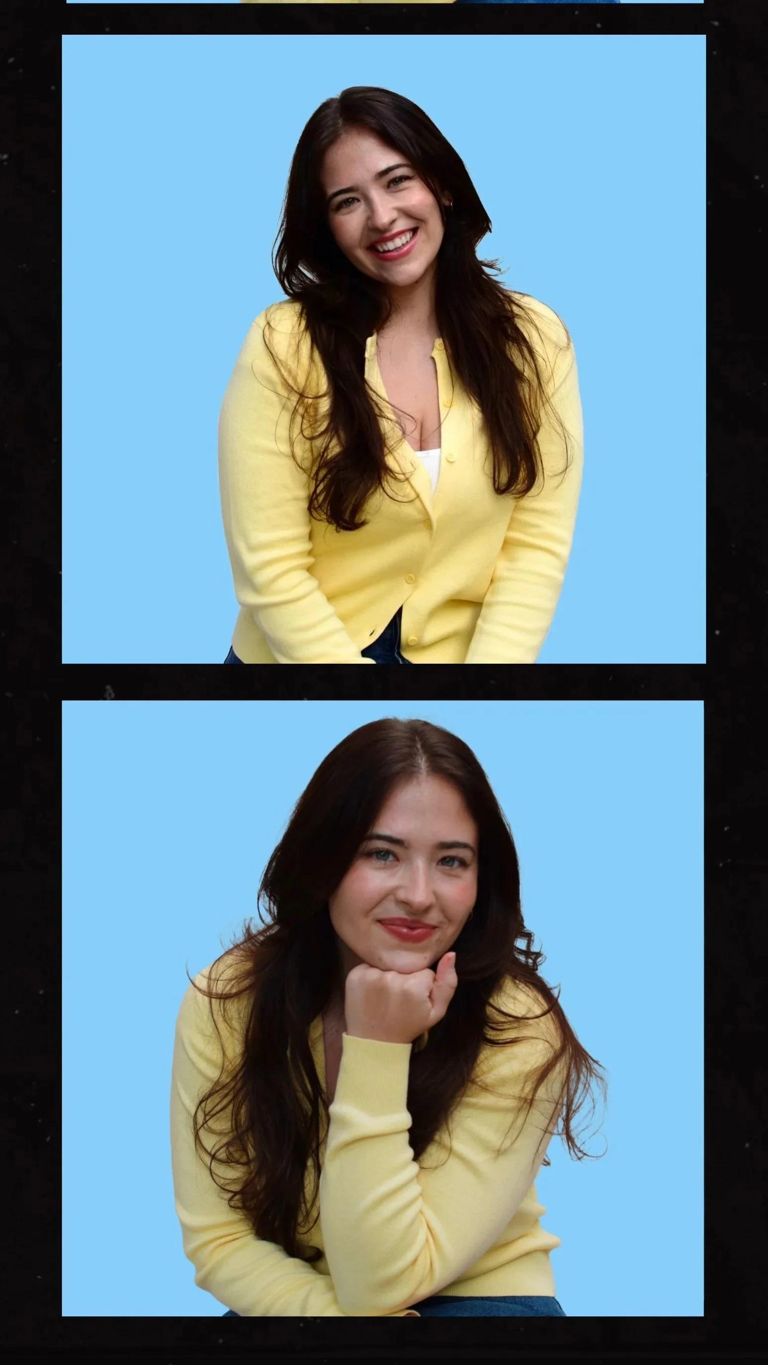 Two women with long dark hair wearing yellow sweaters, smiling against a light blue background.