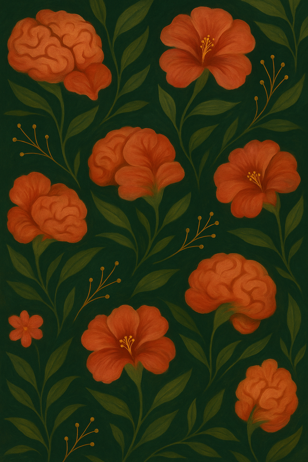 Pattern of orange hibiscus flowers with green leaves on a dark green background.