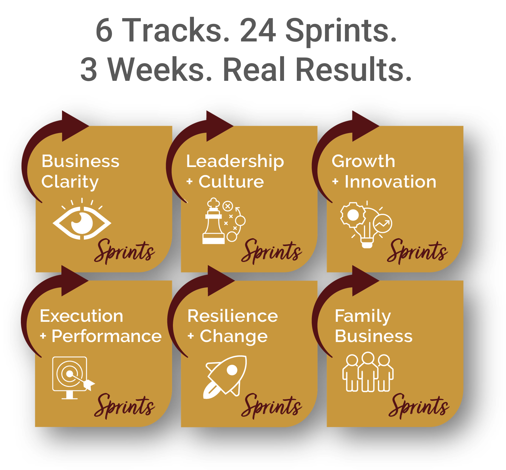 ACCENTUATE Strategy + Execution Acceleration Sprints: Business Clarity, Leadership + Culture, Growth + Innovation, Execution + Performance, Resilience + Change, and Family Business
