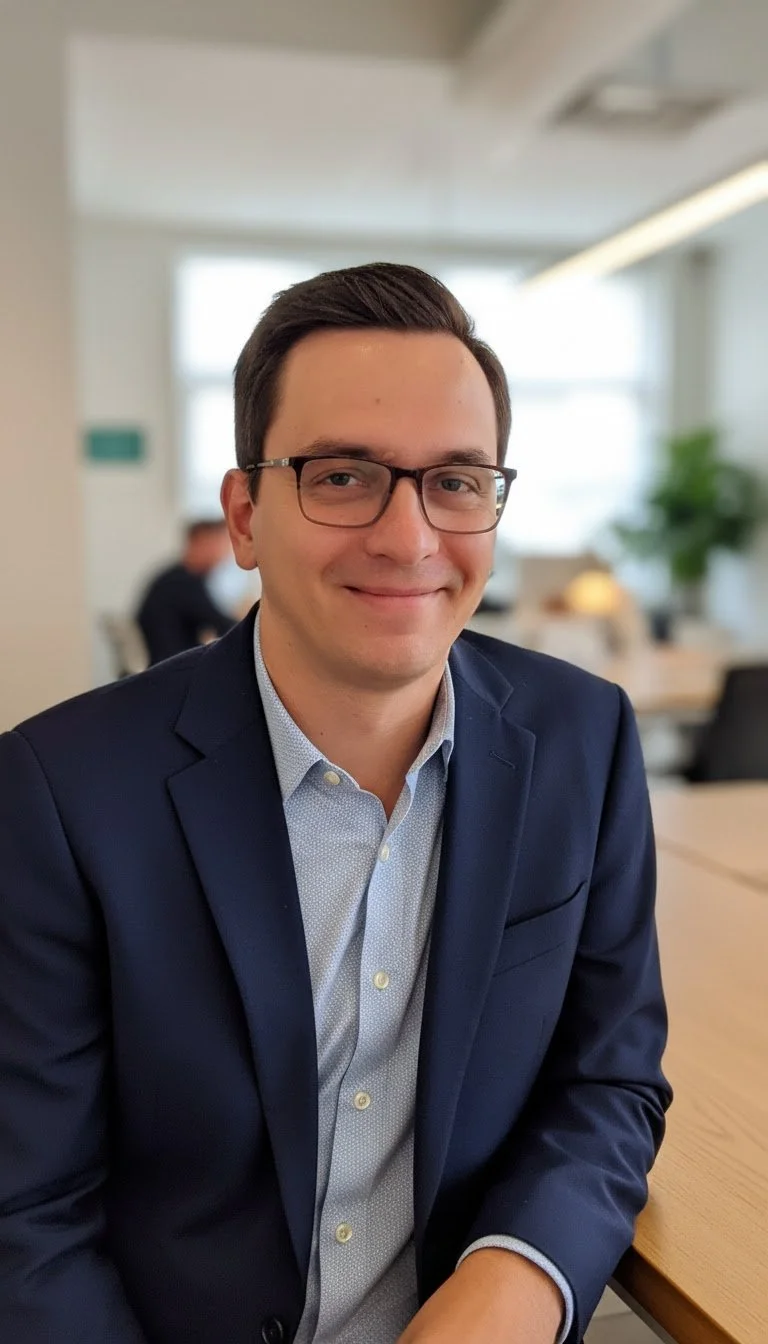 A young man with dark hair, glasses, and a light blue collared shirt, dressed in a navy blazer, sitting in a modern office environment with large windows and plants in the background, smiling at the camera.