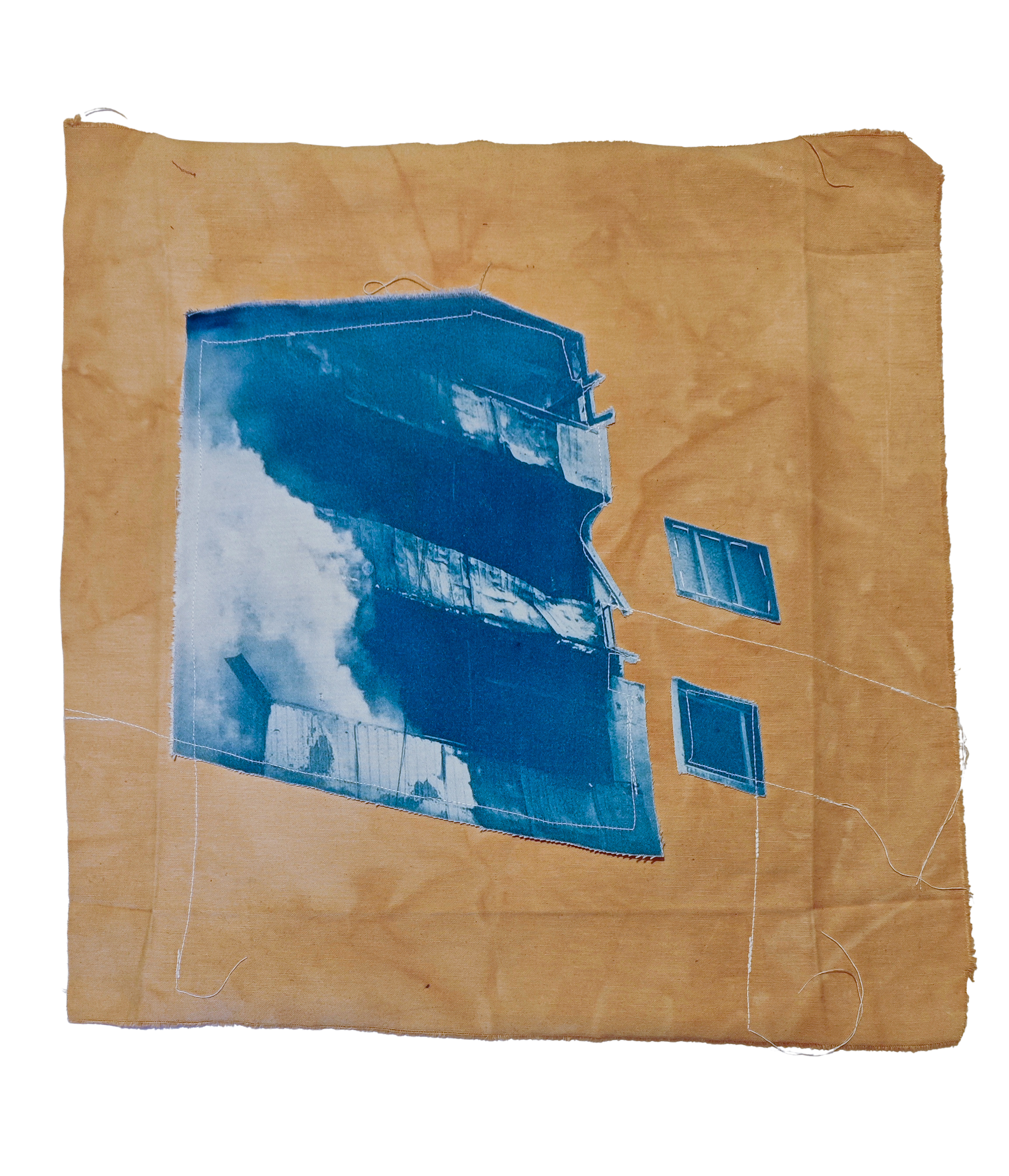Untitled, exploration of mixed media printmaking (cyanotype collage on naturally toned fabric), 35x35 cm, 2026