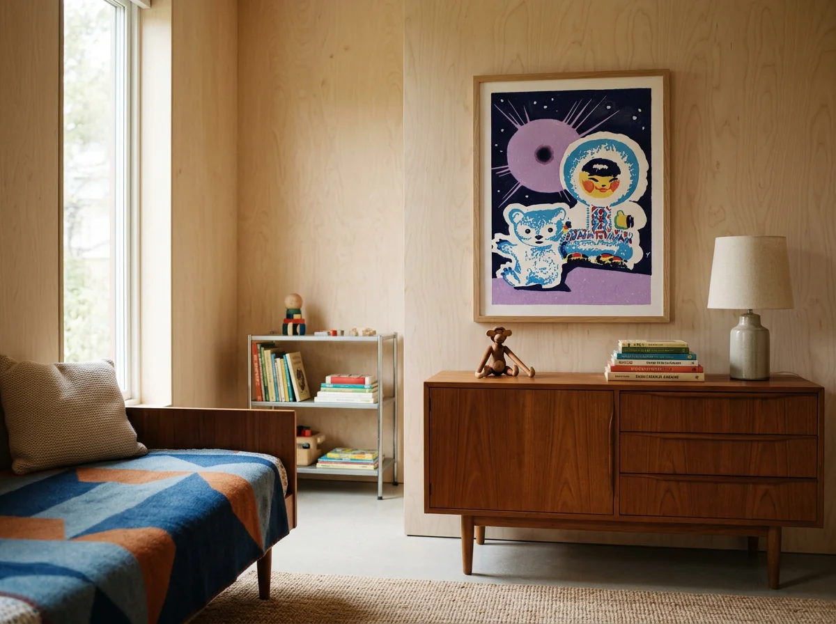 Russian Doll and Bear in Space  | Print for Kids Room  | Vintage Art | Affordable Art Print | MIdcentury Art | Art for Walls | Joyful Art Prints | Colourful Art | The Print Dispensary