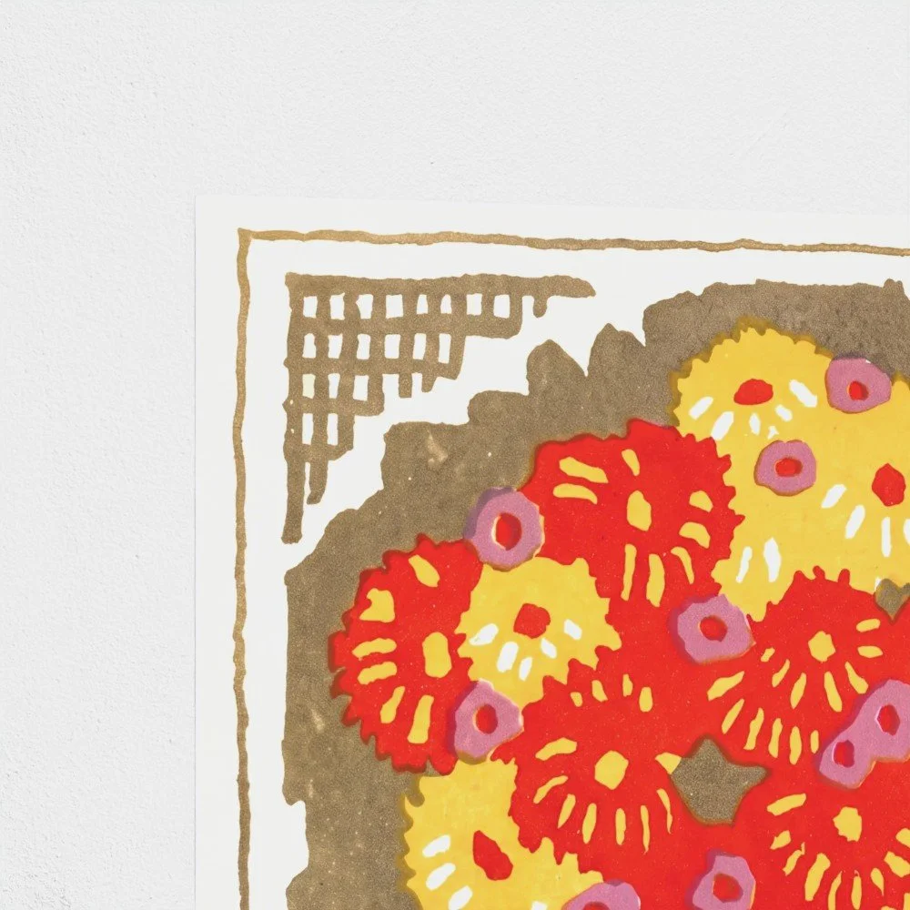Art print of a vintage fabric label designed by Edward McKnight Kauffer, midcentury flower bouquet art print