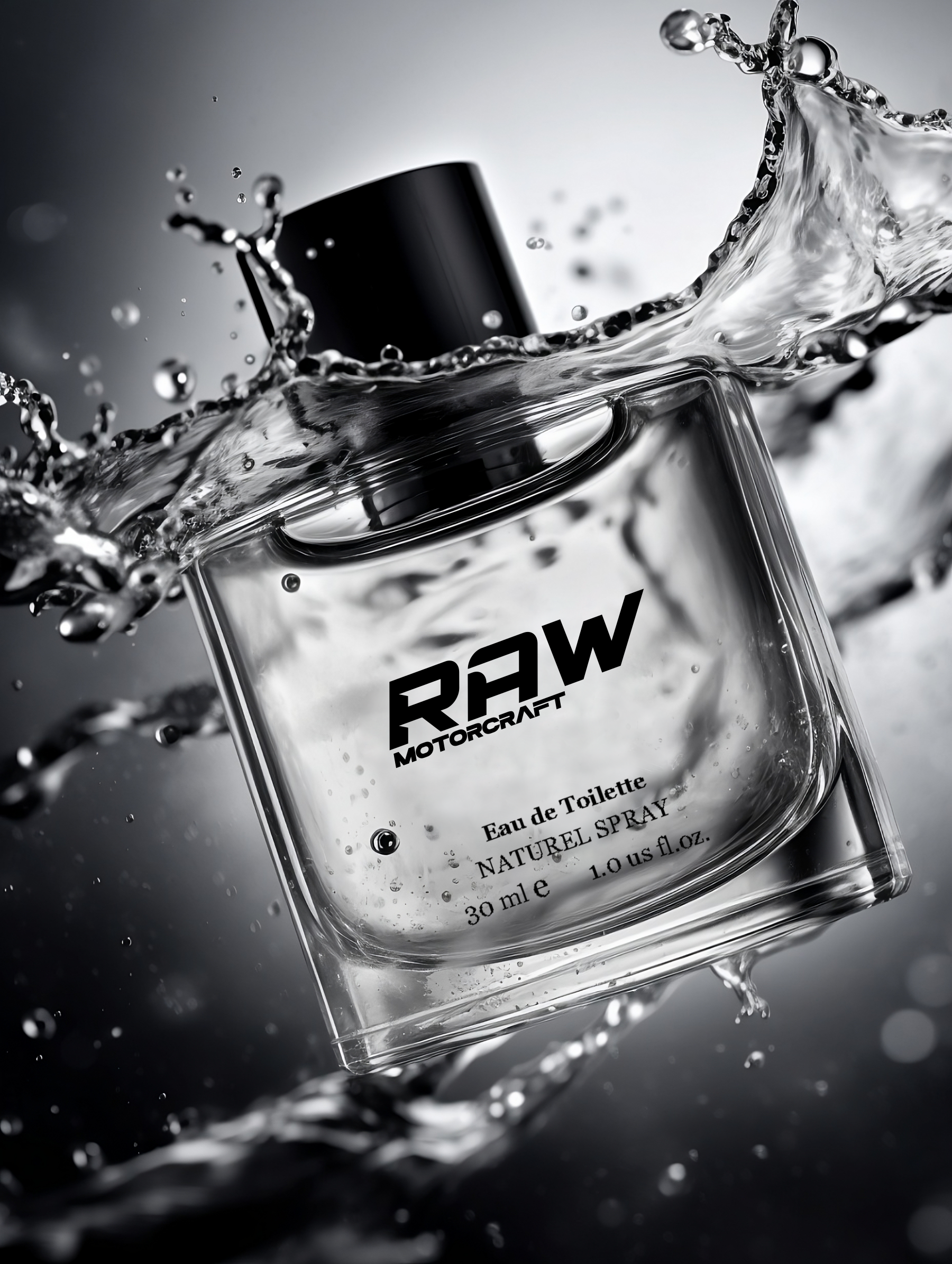 A clear perfume bottle labeled "RAW MOTORCRAFT" with water splashing around it.