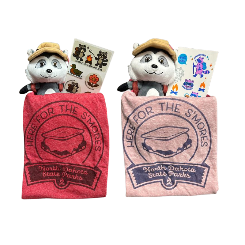 Roscoe the Raccoon, temporary tattoos and Here For The S'mores t-shirt in red or pink folded