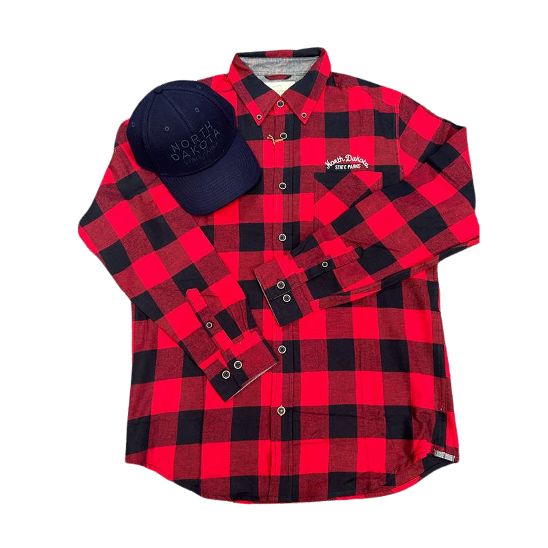 Front view red plaid flannel and black hat bundle