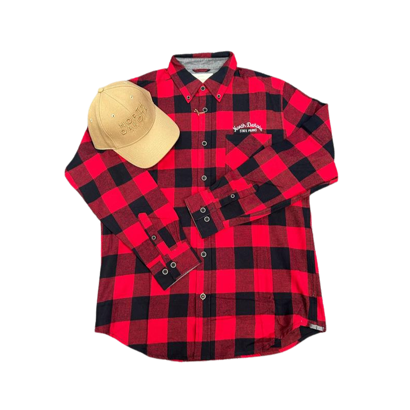 Front red plaid flannel and tan hat bundle