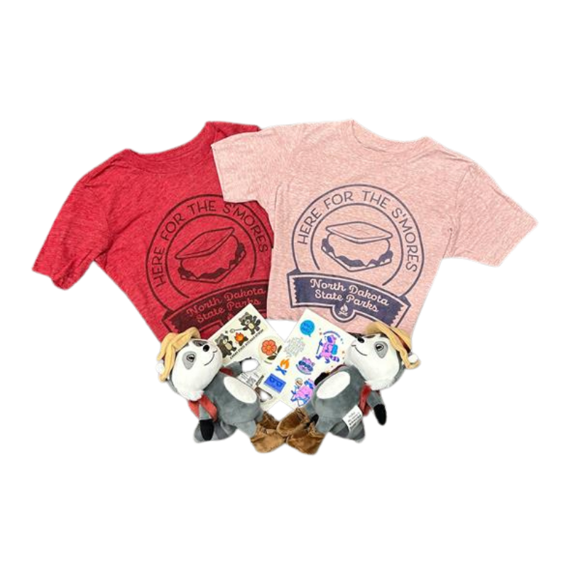 Roscoe the Raccoon, temporary tattoos and Here For The S'mores t-shirt in red or pink unfolded