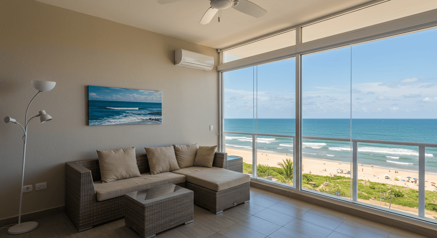 Sala de estar com sofá de vime, luminária de pé, ar-condicionado, e janela grande com vista para a praia e o mar.