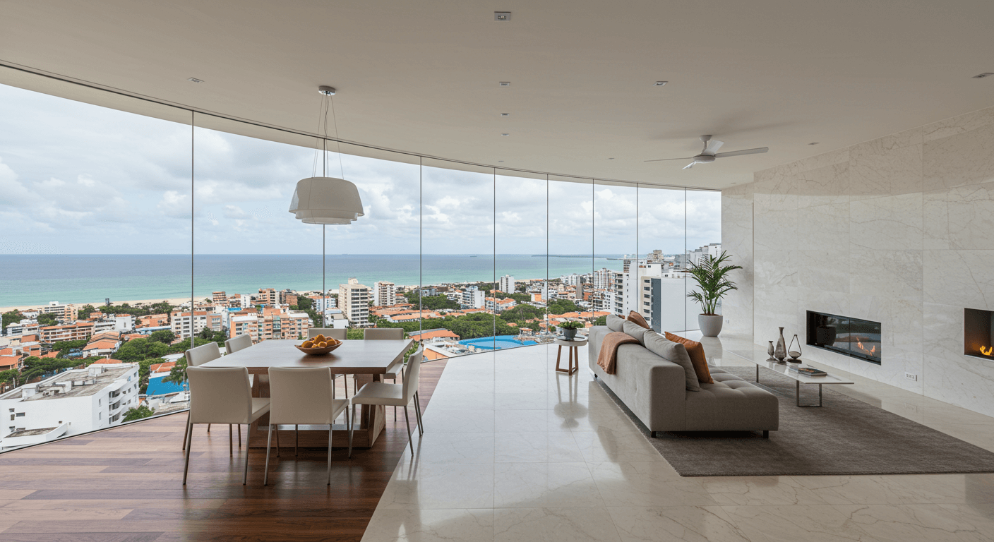 Sala de estar moderna com janelas de vidro de parede a parede oferecendo vista panorâmica do oceano e da cidade, com mesa de jantar, sofá e lareira.