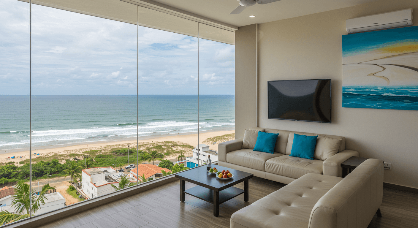 Sala de estar moderna com sofá bege, almofadas azuis e mesa de centro com frutas. Janela de vidro com vista para a praia e o mar. Pintura abstrata na parede.